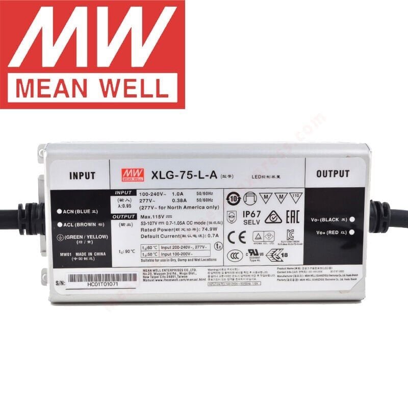 XLG-075-L-A 53~107Vdc,700~1050mA Constant Power,+ADJ. MEANWELL