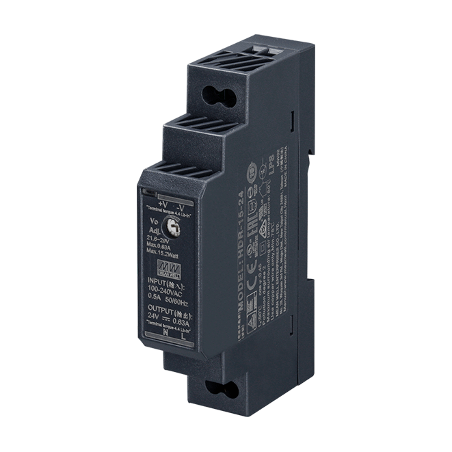 HDR-015-24 HDR1524 24Vdc 0.63Amp DIN Rail StepShape MEANWELL |